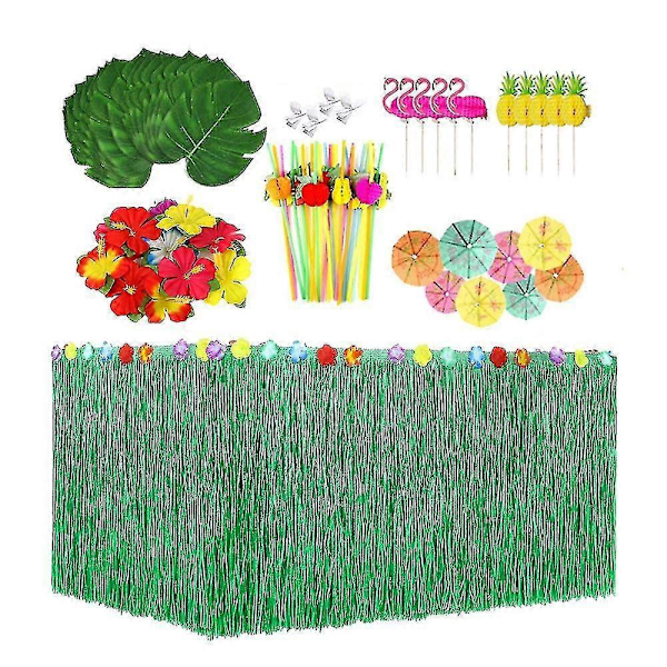 Hawaiianska Partydekorationer Set Med Bordskjolar Löv Blommor Ananas Sugrör O Grön