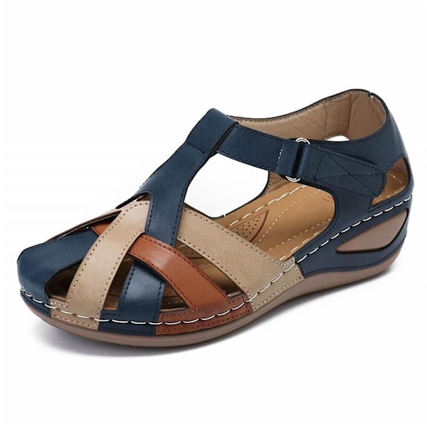 Lollita Retro Arch Support Ortopediska Sandaler - Blått PU-läder, Bekväm Rund Tå, Storlek 37