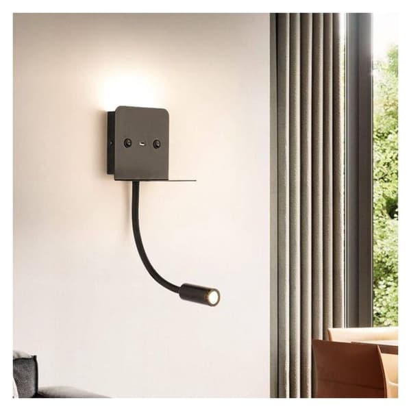 Slange 3W LED Væglampe + Læselampe med USB-port - Sort
