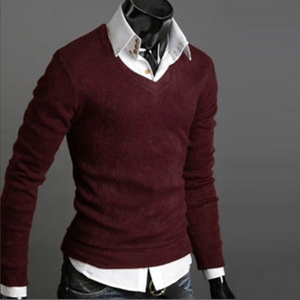 Enkel V-hals strikket sweater - Herre langærmet pullover L Vinfarvet