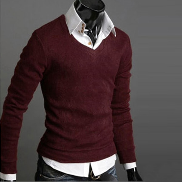 Enkel V-ringad stickad tröja - Herr långärmad pullover L vinröd