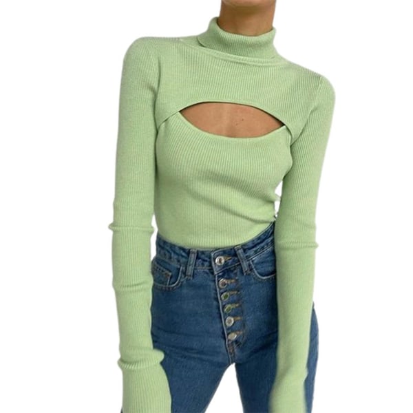 Ensfarget strikket genser for kvinner - lysegrønn, langermet, turtleneck - høst-/vintermote (størrelse L)