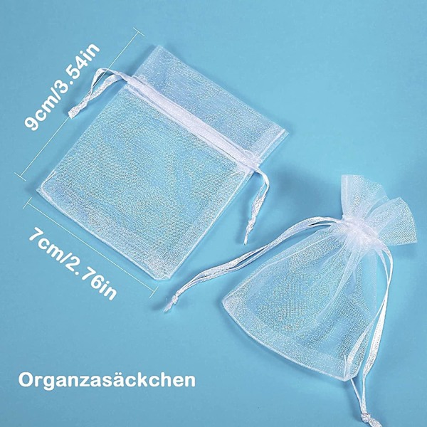 100-pack vita organza-påsar - 7x9 cm, för smycken, presenter, bröllop
