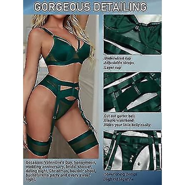 Grön Strappy Lingerie Set med Strumpeband, BH, Trosor och Lårband