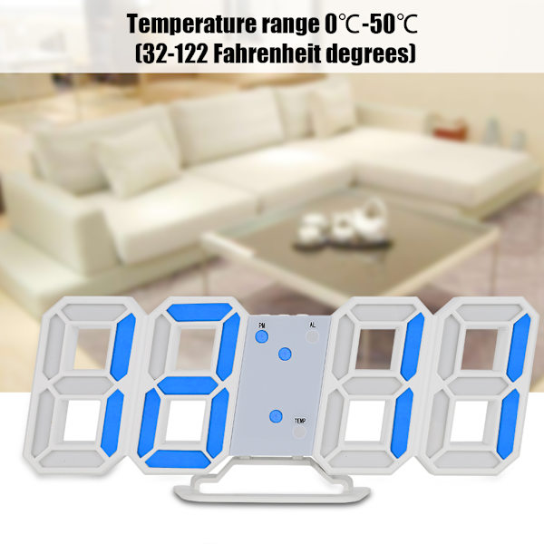 3D Digital LED Væg Ur Alarm Nummer Tid Display USB Opladning Hjem Ure (blå)
