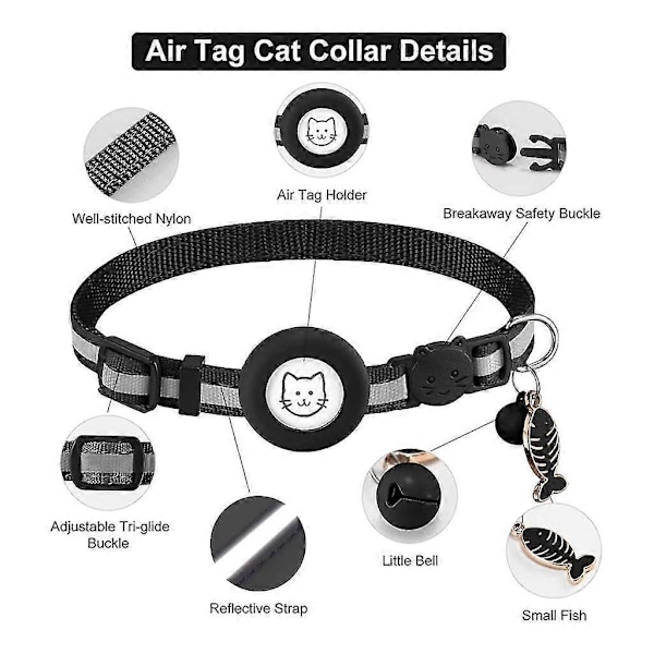 Reflekterande Katt Halsband GPS-Tracker Justerbart Litet Hundhalsband Svart