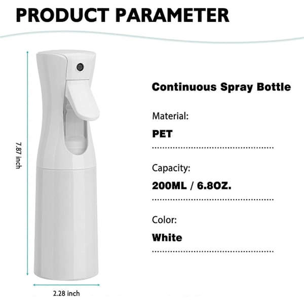 Kontinuerlig Sprayflaska 200 ml (vit-2-pack), Mister Sprayflaska för Hår, Fin Mist Vattensprayflaska för Salonger, Hårstyling, Växter, Hud