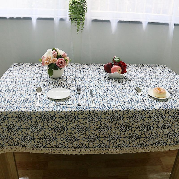 Blå Blomstertrykt Lin Bomullsduk - Støvtett Rektangulært Borddeksel for Bryllup, Fest og Hotell - 140*180cm