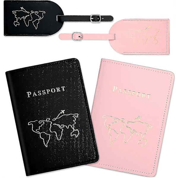 2x PU Lær Bagasjelapp og Passetui Sett - Svart og Rosa