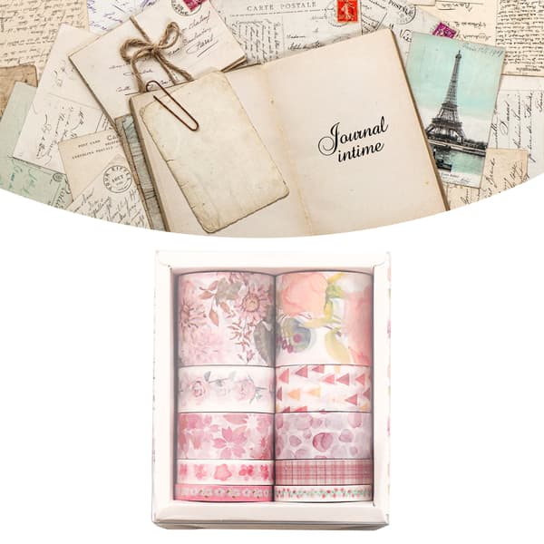 10 Rullar Handbok Papperstejp Rullar DIY Trendig Blommig Tryckt Dekorativ Handbokstejp