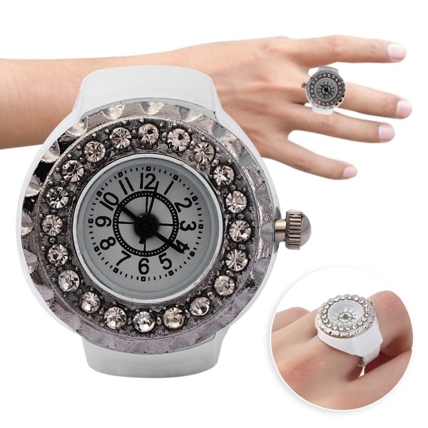 Finger Ring Watch Shining Rhinestone Decoration Quartz Ring Watch for WomenWhite