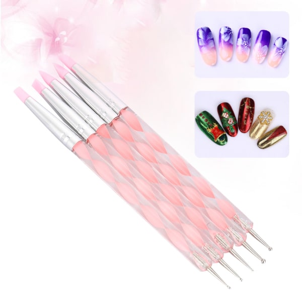 5 kpl Kaksipäinen Carving Sculptur set Silikonipää pistekynä Manikyyri Nail Art Tool Pinkki