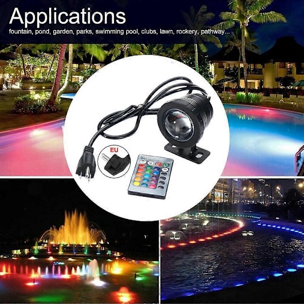 Musta + Hopea Uima-allasvalo 10W RGB-kaukosäätimellä IP65 85-265V LED Spotti Akvaario Vedenalainen Lamppu Upotettava Valaistusprojektori Ulkokäyttöön L