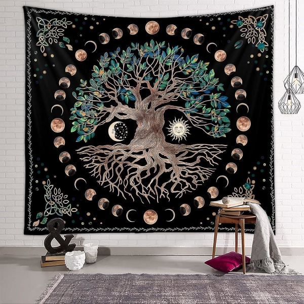 Livets tre veggteppe - Moon Sun Black Psychedelic Mandala Starry Sky Hippie Dekor for soverom (1 stk)