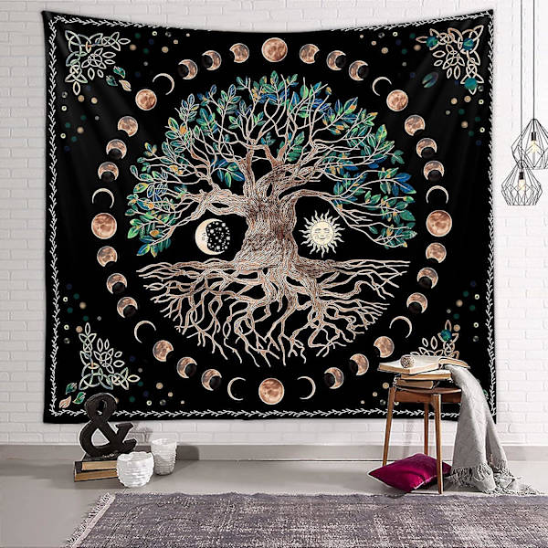 Tree of Life -seinävaahto - Moon Sun Black Psykedeelinen Mandala Starry Sky Hippie-sisustus makuuhuoneeseen (1 kpl)