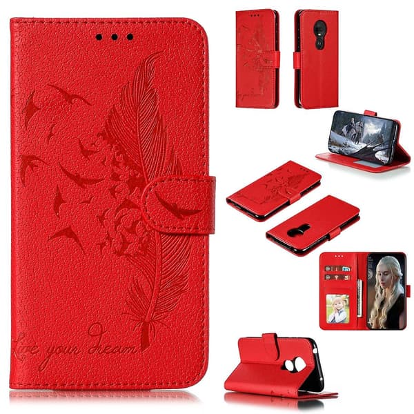 Leather Feather Pattern and Litchi Pattern Horizontal Flip Wallet Case with Holder and Card Slots for Motorola Moto G7 Play Red