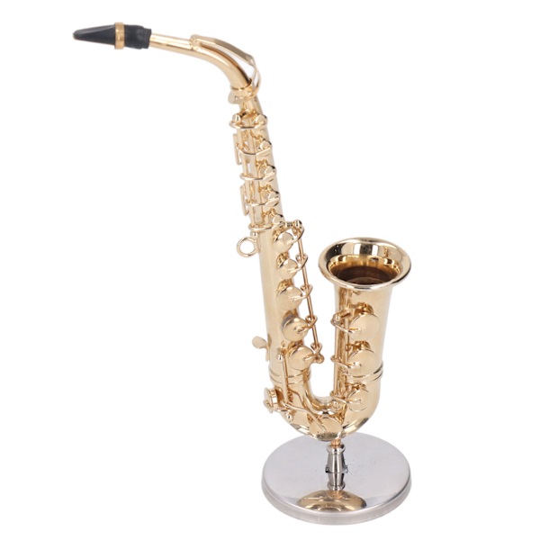 Miniatyr Saxofon med Stativ Mässing Livslik Mini Musikinstrument Dockhus Modell Heminredning
