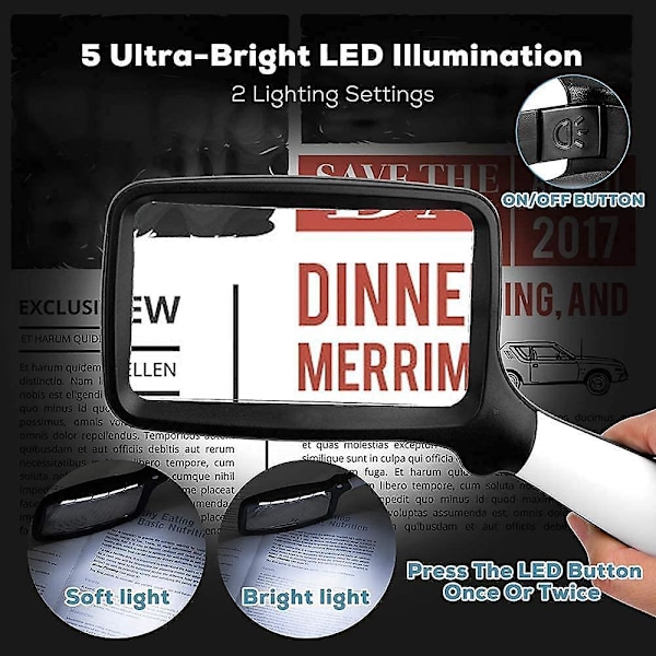 Rektangulær leseforstørrelsesglass med 5 LED-lys, 3X stort dimbart LED-leseforstørrelsesglass for eldre, aviser