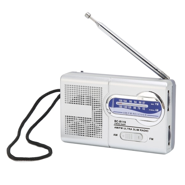 Bærbar lommeradio AM/FM multifunksjonell klassisk sølvgrå batteridrevet radio for hjemmevandring Sykkeltur