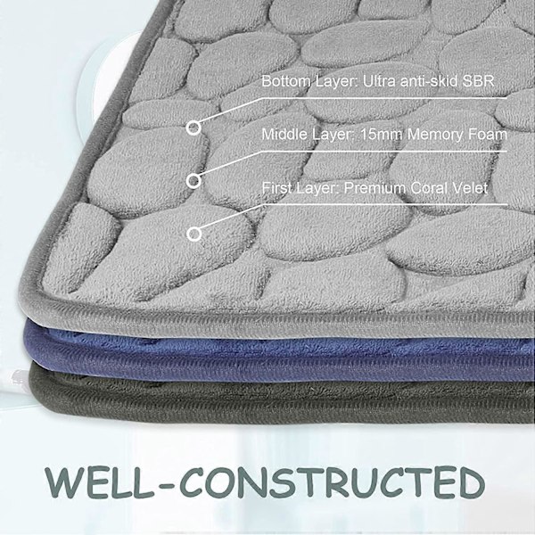 Sklisikker Baderomsmatte med Memory Foam, Absorberende Maskinvaskbar Baderomsmatte, Dusjmatte for Baderom, 40 x 60 cm, Grå