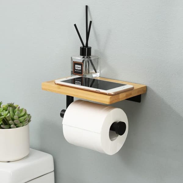 Vægmonteret toiletpapirholder i SUS304 rustfrit stål – Bambushylde – Mat sort – Borefri installation – Rustfri til badeværelset