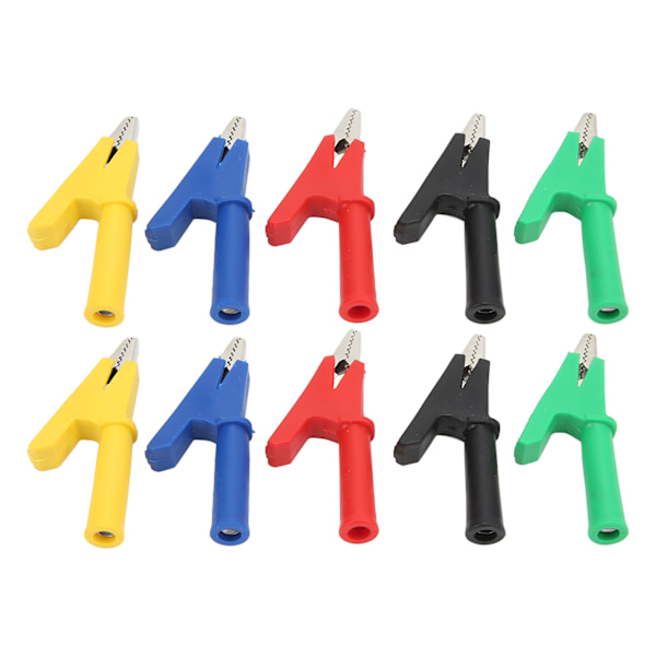 Krokodilleclips isoleret testklemme 4 mm jack 10 mm åbning Rød Sort Gul Blå Grøn 60049