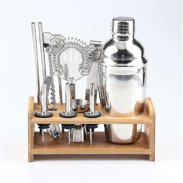 Cocktail Set Bar Kit - 12 Dele, 750ml Rustfrit Stål Martini Shaker, Træstativ