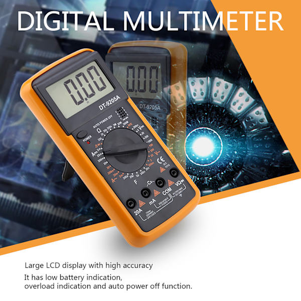 DT9205A LCD-skjerm Håndholdt digitalt multimeter AC/DC motstandskapasitanstester
