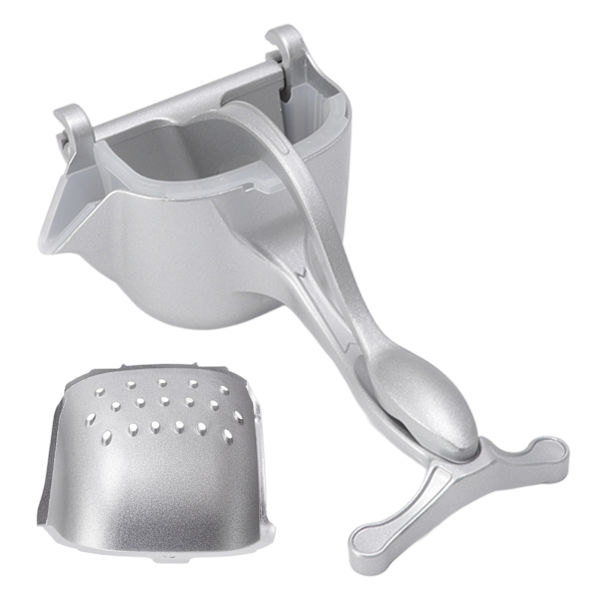 Manuell juicepress i aluminiumlegering, bärbar apelsin- och citronpress, fruktpress med 2 trattar, silver