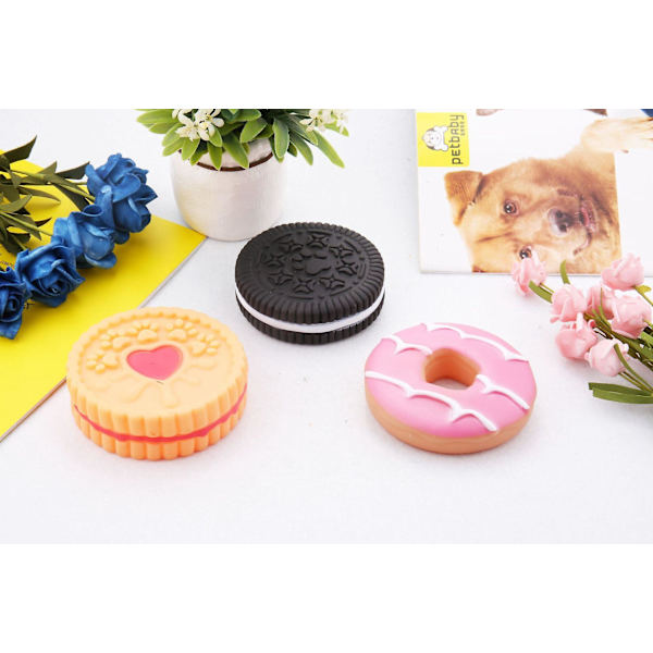 Interaktiv pipande hundleksak, slitstark gummituggleksak i oreo-kakaform med ljud, tandrengöringsfunktion och bekväm service