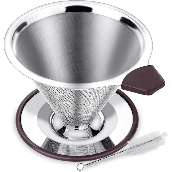 Permanent kaffefilter i rustfrit stål, papirløst kaffefilter til manuel kaffebrygning, genanvendelig kaffetragt med dobbelt rustfrit stålnet