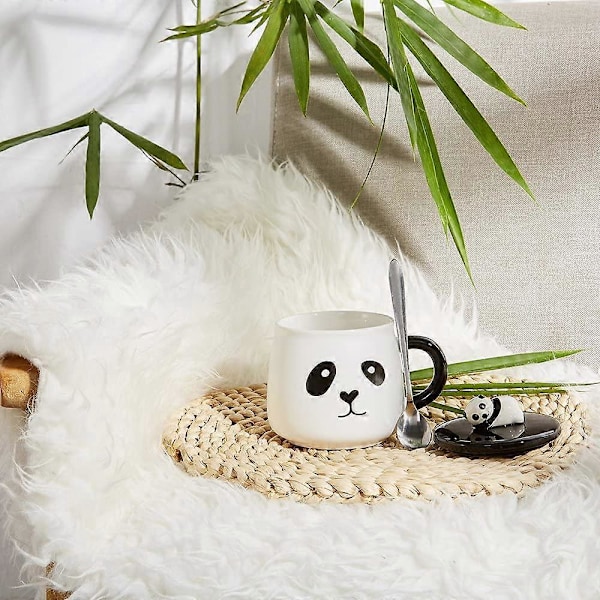 Kreativ håndmalt panda keramisk krus søt tegneserie frokost vannkopp krus med lokk skje par bursdagsgave, med 3D panda lokk og skje, 414 ml (14 oz)