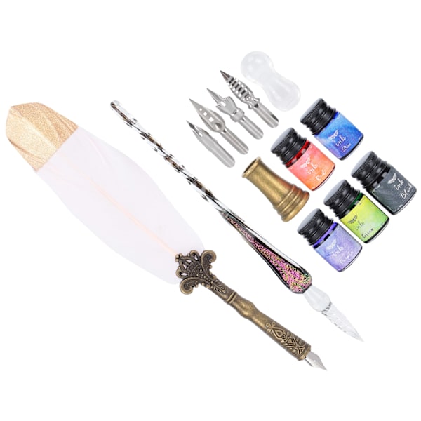 Kalligrafi Pen Set Glas Bläck Fjäder Fountain Pen med Utbytbart Spets Skriv Present Box KitSP118839 Guldhuvud Rosa