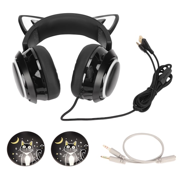 Gaming Headset 8 Farve Lyseffekter 3 Lydtilstande 3,5 mm USB Katteøre PC Gaming Hovedtelefoner Sort