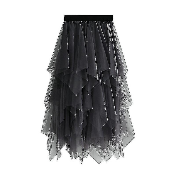 Grå Tulle A-linje Midiskjørt for Kvinner, Elastisk Midje Mesh Langt Skjørt for Ballett, Prom, Fest
