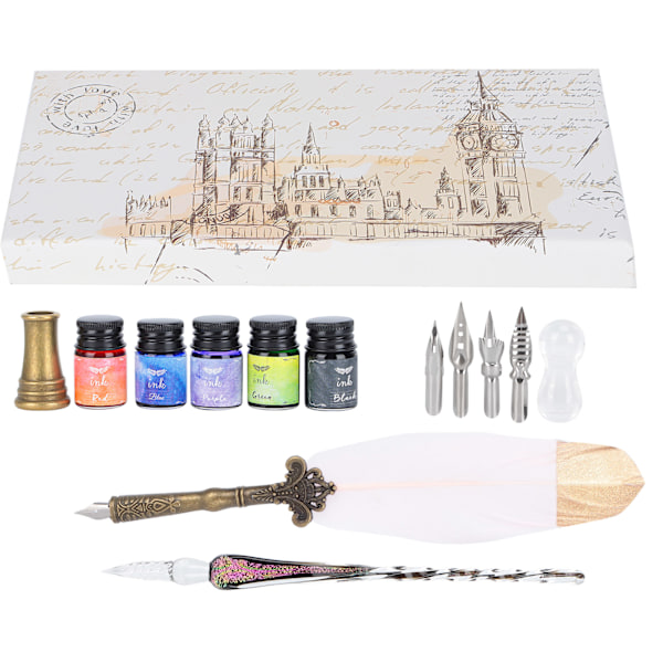 Kalligrafi Pen Set Glas Bläck Fjäder Fountain Pen med Utbytbart Spets Skriv Present Box KitSP118839 Guldhuvud Rosa