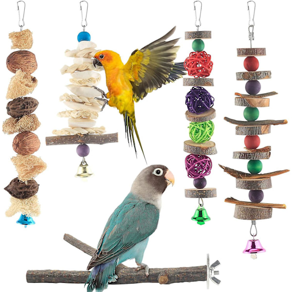 Luonnonpuusta valmistetut linnun pureskelulelut 5 kpl, papukaija riippuva häkin pöytä pienille linnuille, conure, cockatiel, rakkolintu, budgie