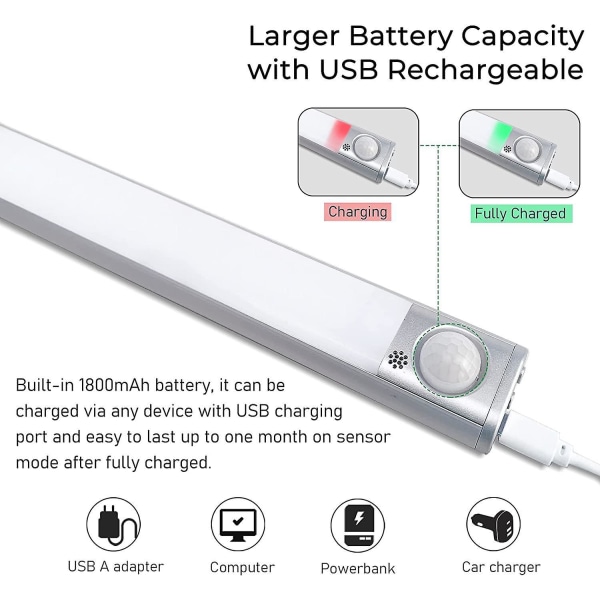 Justerbar lysstyrke bevegelsessensor LED-skaplys med 3 farger og USB-oppladbart - trådløst for skap, kjøkken, entre