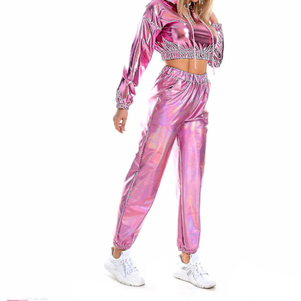 Holografiska glänsande streetwearbyxor för kvinnor - Klubbredo! XL Rosa