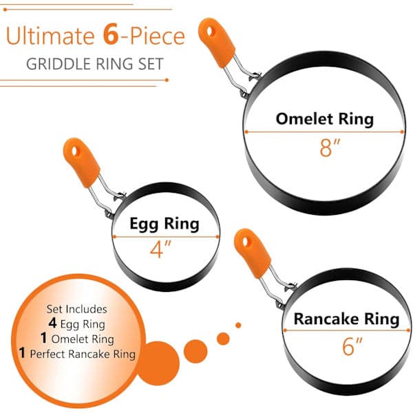 6 Pcs Professional Egg Rings Pancake Ring Set Stainless Steel Fried Egg Ring Griddle Pancake Shaper with Silicone Handle for Breakfast