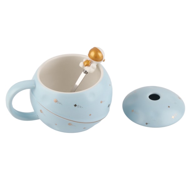 400 ml sød astronaut krus ergonomisk håndtag keramisk kop med låg ske til kaffe te mælk lyseblå