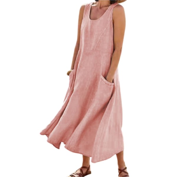 Rosa XL Boheme-stil sommerkjole i bomuld og linned til kvinder med lommer
