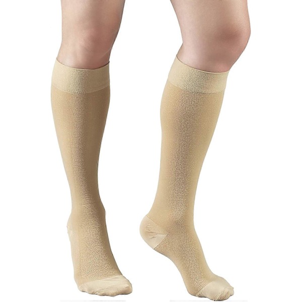 30-40 mmHg Kompressionsstrømper til Mænd og Kvinder, Knæhøje, Lukket Tå, Beige, Small