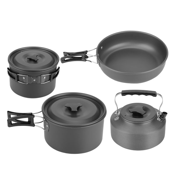 Camping-köksredskap i aluminiumlegering, gryta, tekanna, stekpanna, tallrik, skål, soppsked för utomhusresor