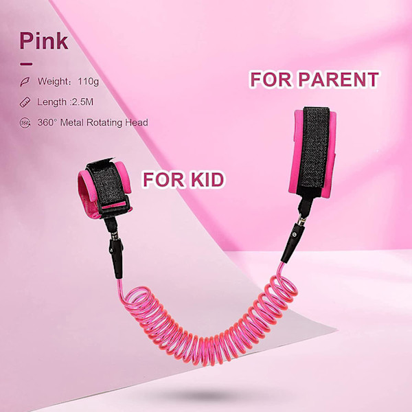 2-pack 2,5 m anti-förlorade barnarmbandskoppel med 360 rotation, bekväm baby , rosa