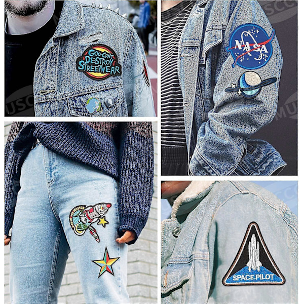 Strykmärke eller sytt märke för kläder, jackor, ryggsäckar, jeans (panoramavy)