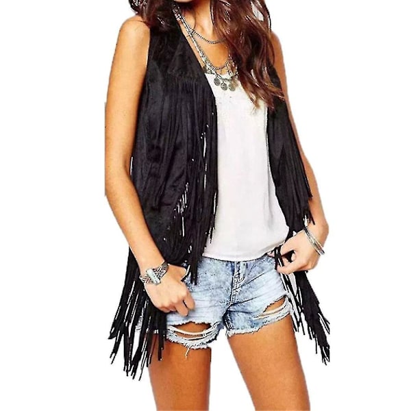 Fringe-prydd kofta i konstläder, ärmlös, hippiestil - XL Beige
