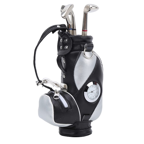 Mini Desktop Golfväska Penna Klocka Zinklegering PU Läder med Golfpennor Souvenir Set GiftSvart Silver