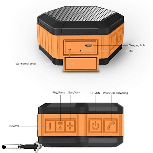 Bærbar Mini Bluetooth Dusjhøyttaler med Krok 12H Spilletid Vanntett Bluetooth Høyttaler for Strand, Basseng, Hjem, Fest, Oransje