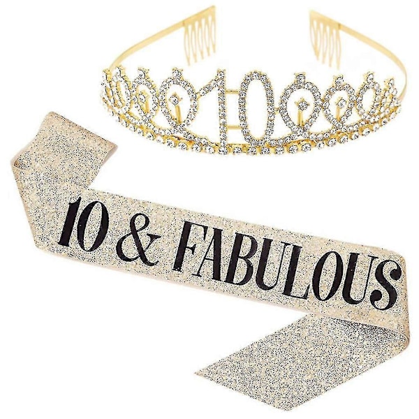 Kvinnor Glitter Strass Bokstavstryck Skärp Tiara Set Födelsedagsfest Tillbehör Zekai Gyllene 10 År